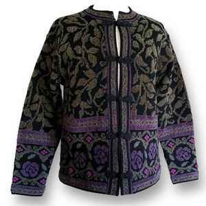 Skyr Womens Cardigan Black Floral Wool Chenille Embroidered Sweater